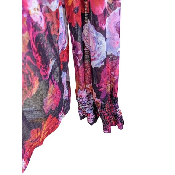 Womens Plus 3X Mesh Floral Top Blouse Smocked Wrist Bell Sleeve Sheer Bohemian - Picture 6 of 8